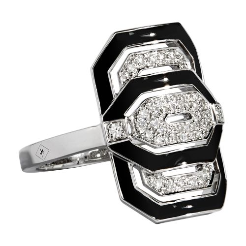 My Way mini black enamel, diamonds & silver ring