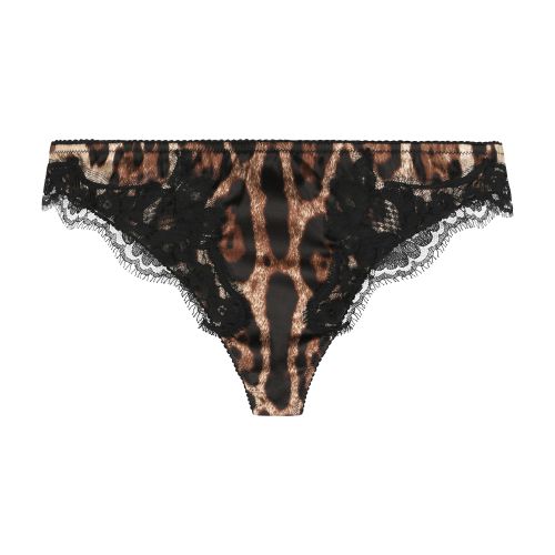 Leopard-print satin thong with lace detailing