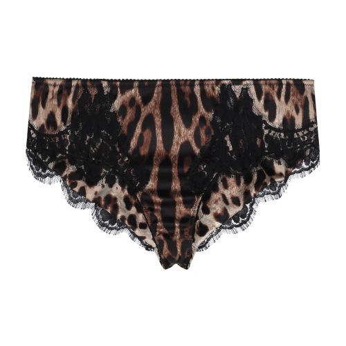 Leopard-print satin briefs with lace detailing