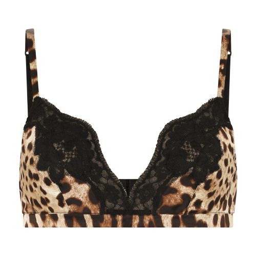 Leopard-print soft-cup satin bra with lace detailing