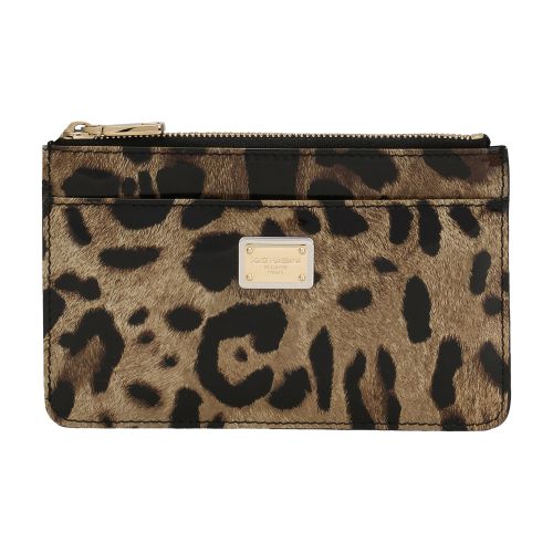 Medium leopard-print polished calfskin card holder with zipper
